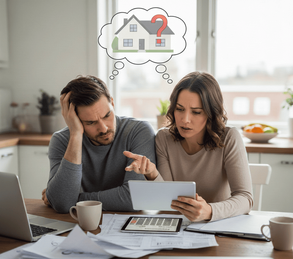 Un jeune couple assis à une table de cuisine, l'air pensif, consultant une tablette et des documents financiers. Au-dessus d'eux, une bulle de pensée illustre une maison avec un point d'interrogation rouge, symbolisant leurs questionnements sur leur capacité d'emprunt pour un projet immobilier.