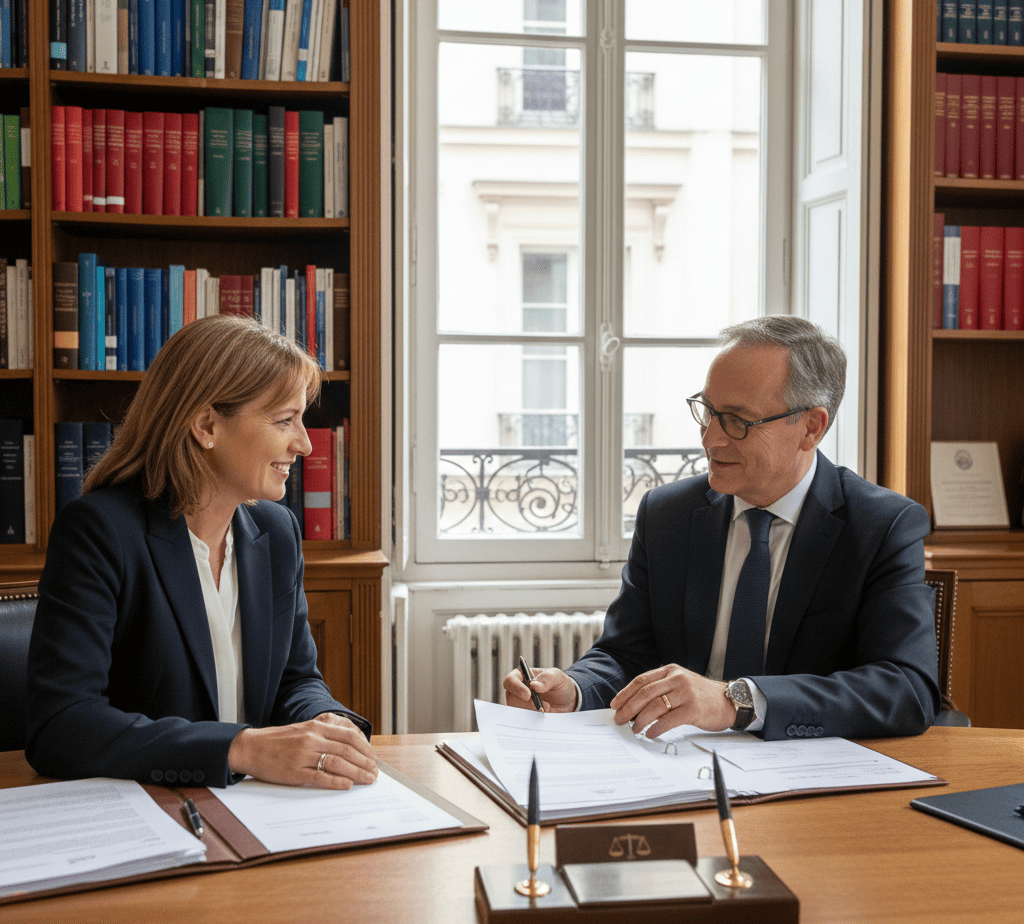 Une femme souriante en rendez-vous professionnel avec un notaire dans un bureau élégant tapissé de livres de droit. Ils sont assis face à face devant un bureau en bois où sont posés des dossiers et des contrats. Le notaire, en costume, tient un stylo, prêt à signer ou à expliquer un document, créant une atmosphère de confiance et de conseil juridique.