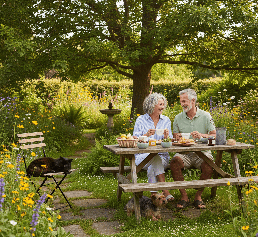 Une photographie lumineuse et naturelle d'un couple de retraités souriants, prenant le petit-déjeuner dans un jardin sauvage et fleuri en été. Symbolisant la sérénité après avoir obtenu un prêt viager hypothécaire.