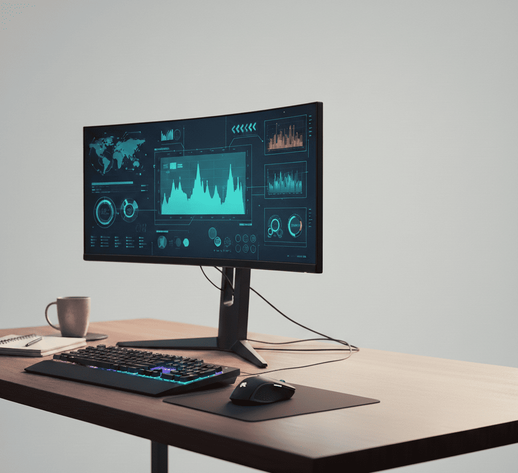 zoom sur un écran avec des graphiques posé sur un bureau devant un clavier.