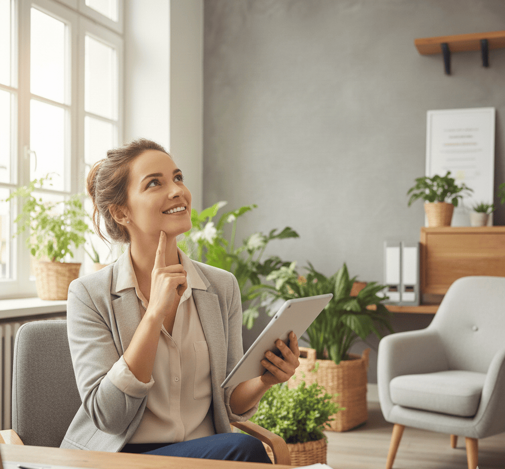 Une jeune femme dynamique et souriante, assise à son bureau avec une tablette, le regard pensif et une main sur le menton comme si elle s'interrogeait pour savoir s'il est intéressant de faire un rachat de crédit