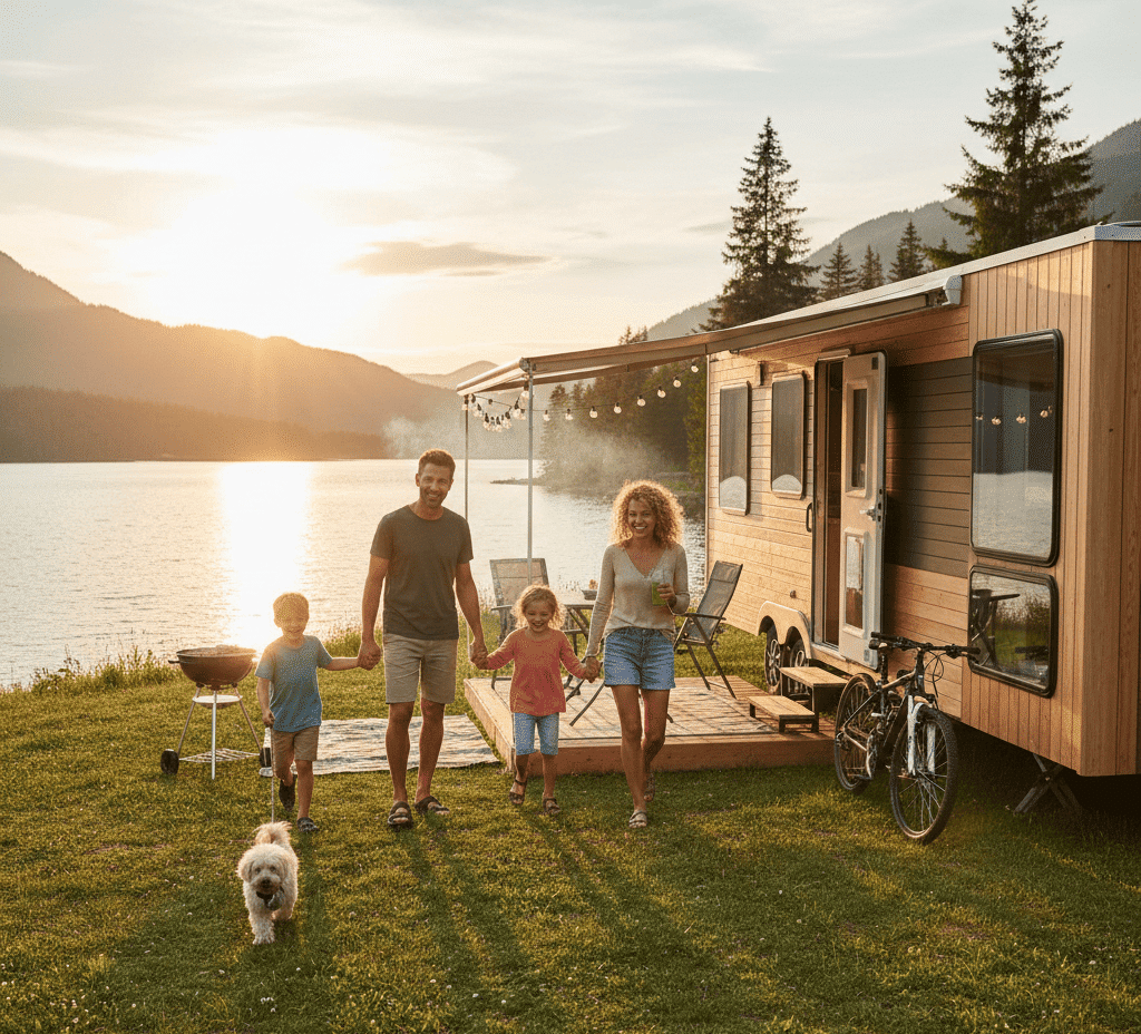 Une famille heureuse (un homme, une femme et deux enfants) marche joyeusement avec leur petit chien devant un mobil-home moderne en bois. La scène se déroule au coucher du soleil, au bord d'un lac paisible entouré de montagnes. À côté du mobil-home, on aperçoit une terrasse aménagée, un barbecue et des vélos, créant une atmosphère chaleureuse de vacances en pleine nature