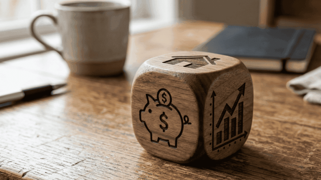 Un dé en bois posé sur une table en bois texturée présente trois faces visibles gravées : sur la face supérieure, une maison ; sur la face avant, un cochon tirelire avec un symbole de dollar et une pièce ; sur la face de droite, un graphique à barres et une ligne montante. En arrière-plan, une tasse, un stylo et un cahier sont flous.