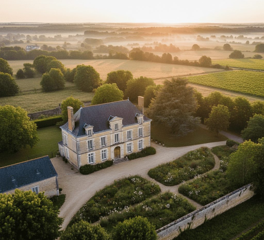 Une vue aérienne d'un chateau français traditionnel en pierre de taille, situé au cœur d'une campagne paisible au lever du soleil.