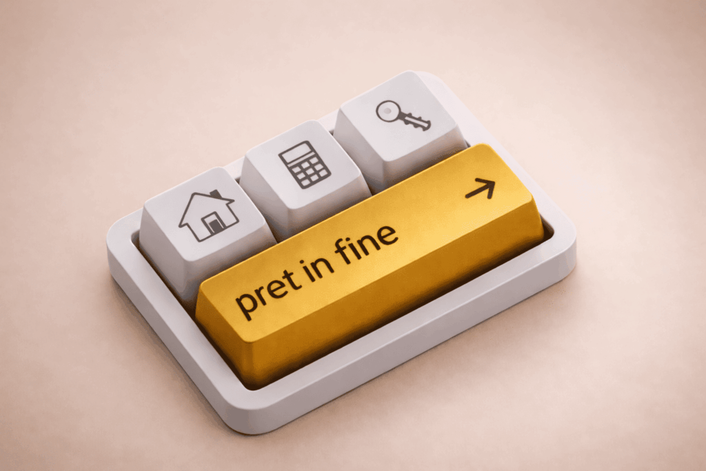 Clavier moderne avec touche dorée « pret in fine », symboles maison, calculatrice et clé sur fond neutre dégradé