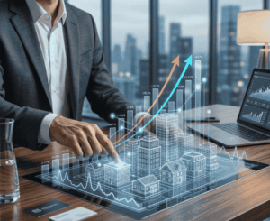 Un professionnel analysant une projection holographique 3D d'immeubles pour illustrer la stratégie nécessaire afin de financer un projet en SCI.