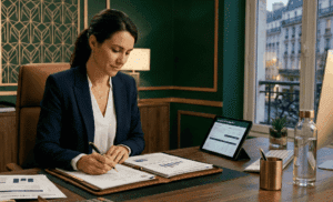 Une conseillère bancaire en tenue professionnelle analyse un dossier de prêt immobilier sur son bureau dans un environnement élégant aux tons vert et doré