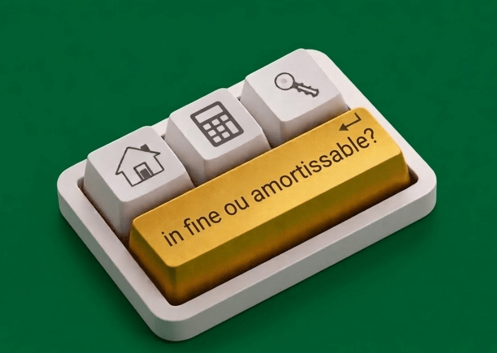 mini clavier d'ordinateur avec les touches représentant une maison, une calculatrice et une clé et la touche principale doré avec l'inscription "amortissable ou in fine", le clavier est posé sur un fond vert foncé