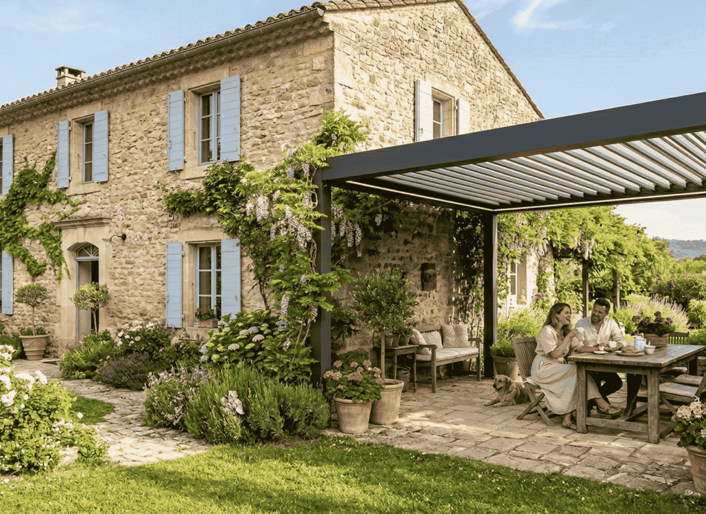 maison de campagne. On y voit un couple et leur chien installés sous leur nouvelle pergola