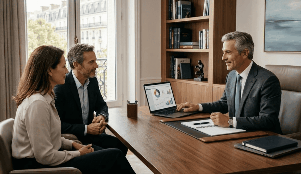 Un conseiller financier en costume gris présente un schéma de financement patrimonial à un couple attentif. Sur l'écran d'ordinateur visible sur le bureau, ainsi que dans le classeur ouvert devant le conseiller, on distingue des graphiques détaillant le principe du crédit lombard.