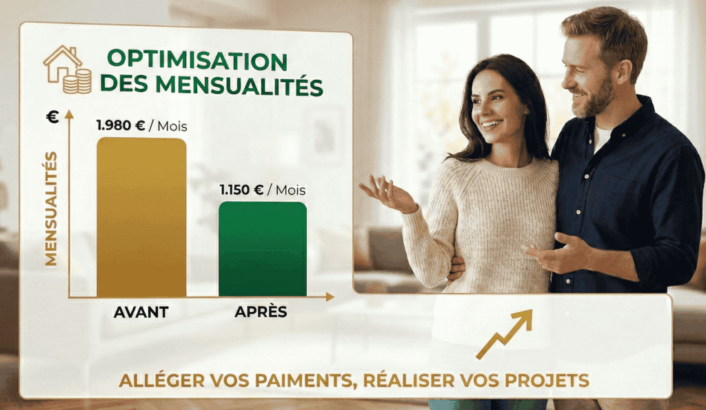 Infographie professionnelle illustrant l'optimisation des mensualités avec un graphique comparatif avant/après : la mensualité passe de 1.980 € à 1.150 €. En arrière-plan, un couple souriant et détendu se tient dans un salon lumineux. Le slogan affiché est : 'Alléger vos paiements, réaliser vos projets'.