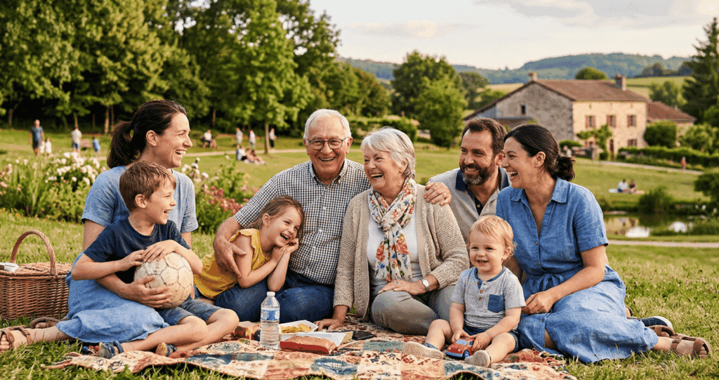 Une famille multigénérationnelle souriante profite d'un pique-nique en plein air dans un parc verdoyant. Au centre, un couple de grands-parents est entouré de deux couples d'adultes et de trois jeunes enfants qui rient. Ils sont assis sur une couverture étalée sur l'herbe, avec un panier de pique-nique, de la nourriture et un ballon de football. À l'arrière-plan, on aperçoit une maison en pierre traditionnelle et des collines boisées sous une lumière de fin de journée.