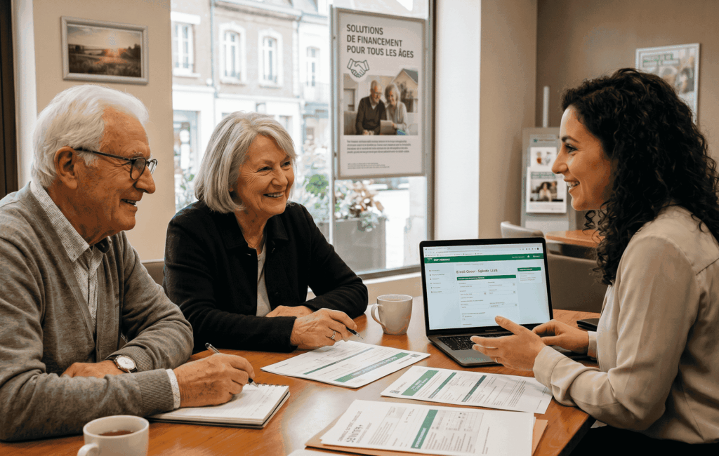 photo d'un couple de retaités de plus de 70 ans discutant dans le bureau d'une conseillère financière de solutions de crédits