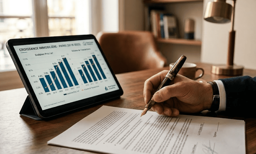 Un homme en costume d'affaires signe un document sur un bureau en bois. À gauche, une tablette affiche des graphiques de croissance immobilière à Paris. L'arrière-plan comprend une lampe de bureau et une bibliothèque.