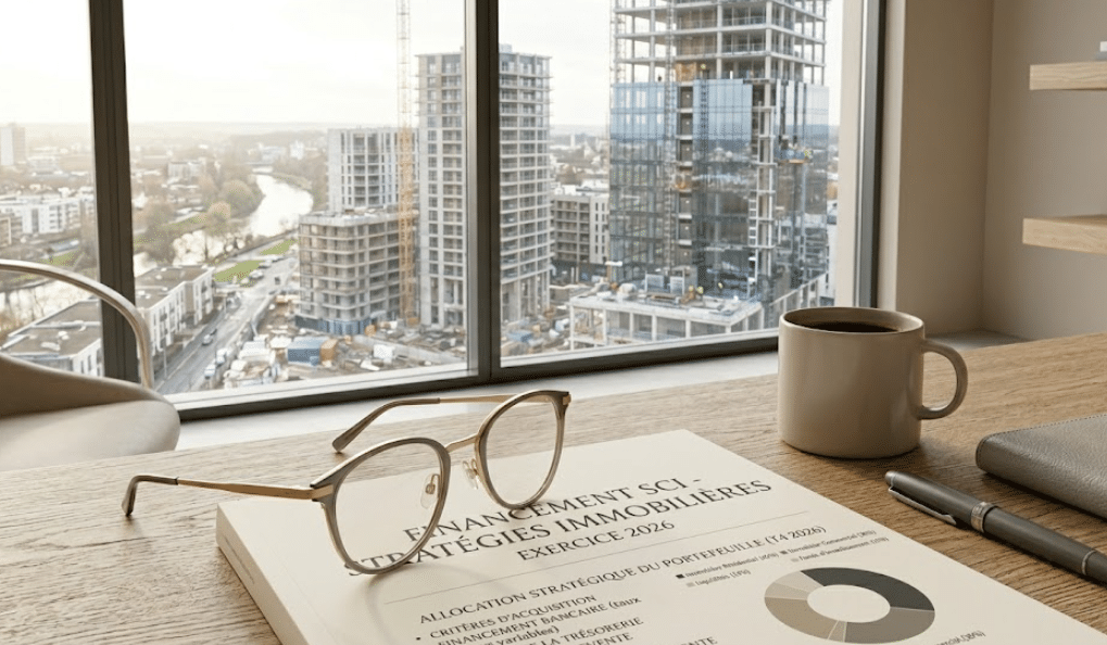 Une photographie d'angle bas montre un bureau en bois clair au premier plan, avec une paire de lunettes de lecture élégantes, un stylo et une tasse de café sur le dessus. Un document intitulé "FINANCEMENT SCI - STRATÉGIES IMMOBILIÈRES" est ouvert sur le bureau. Un grand mur de fenêtres à l'arrière-plan donne sur une ville animée avec plusieurs gratte-ciel en cours de construction.