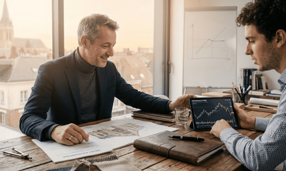 Rendez-vous de conseil financier dans un bureau lumineux. Un conseiller montre des indicateurs de performance sur tablette à un client serein. Sur la table en bois, des plans immobiliers et des contrats symbolisent le choix entre nantissement de titres et hypothèque pour un projet de liquidités.