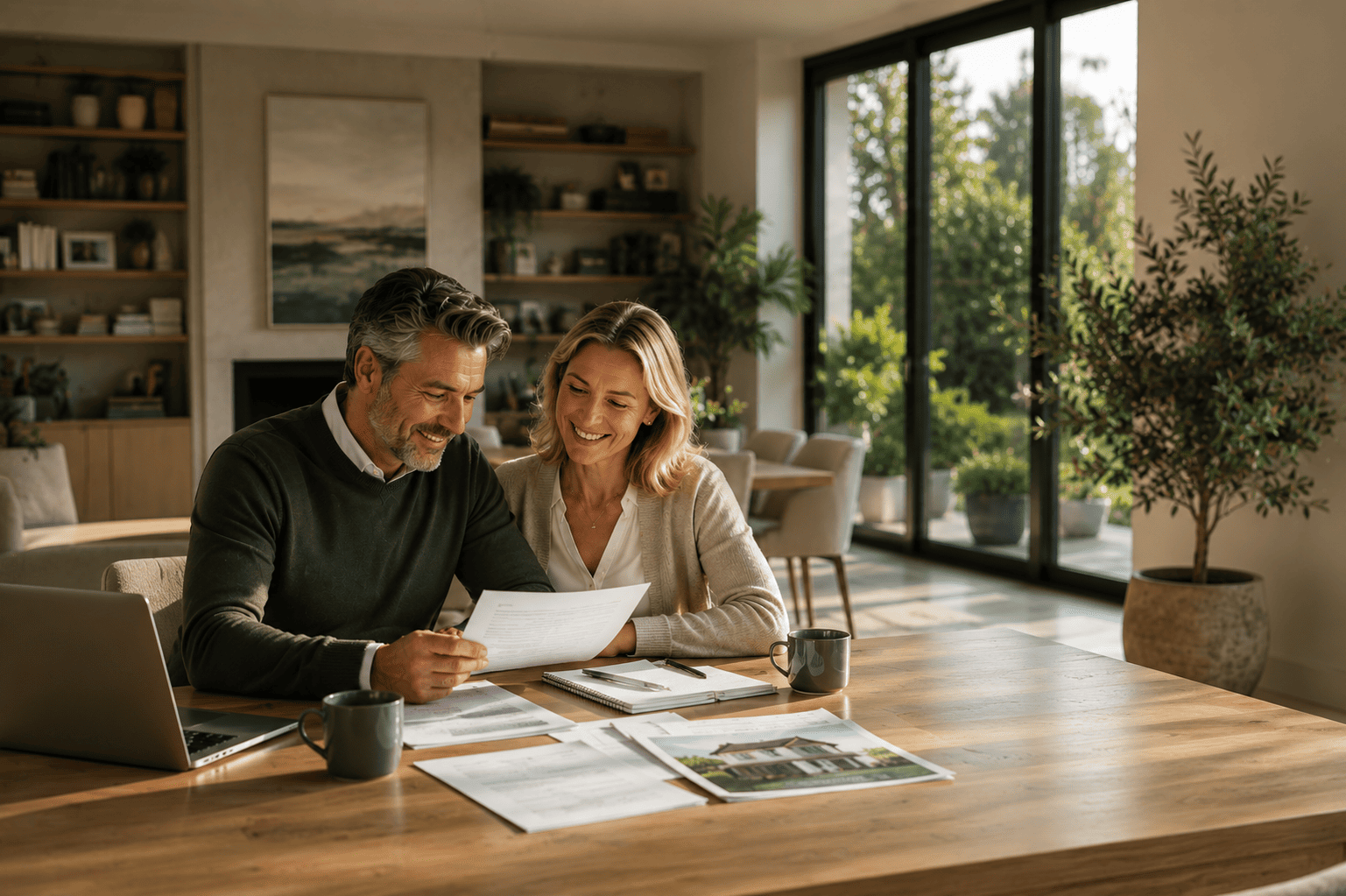 Couple de propriétaires échangeant autour de documents immobiliers dans une maison contemporaine lumineuse dans le cadre d’un rachat de soulte.