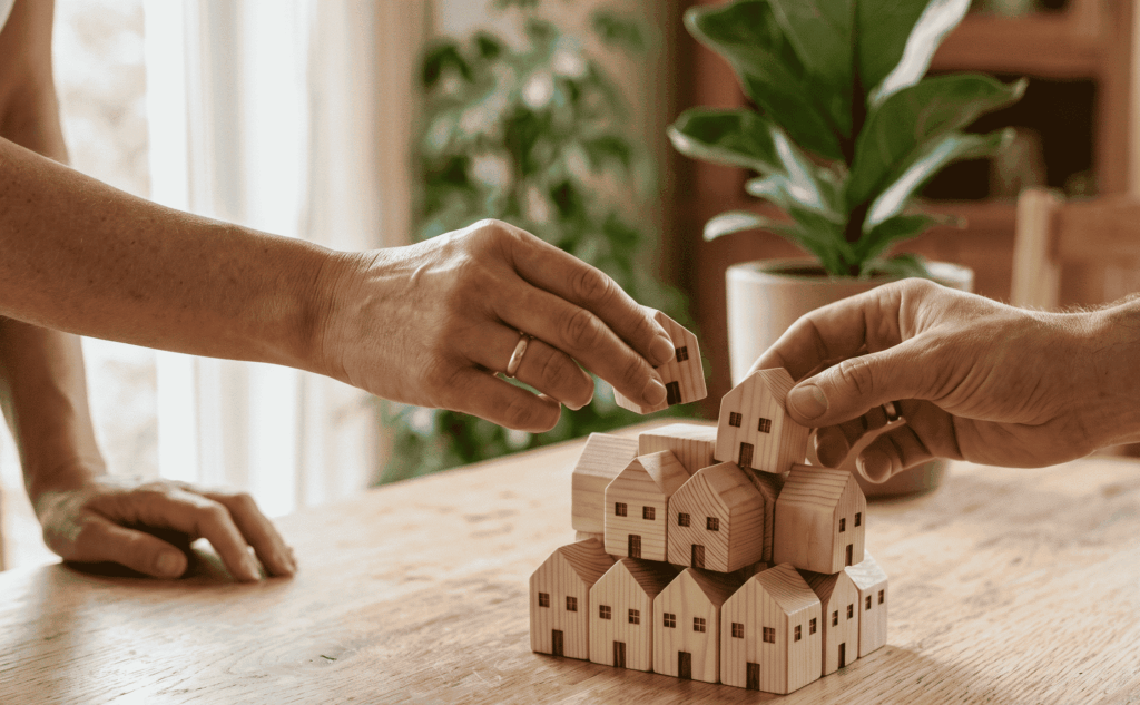 Mains empilant des maisons miniatures en bois symbolisant la constitution de fonds propres pour un marchand de biens
