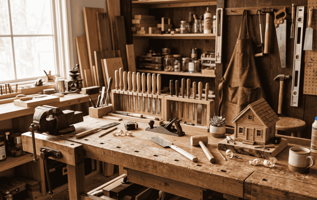Établi d'artisan avec maquette de maison en bois, illustrant le prêt immobilier pour indépendants et professions libérales