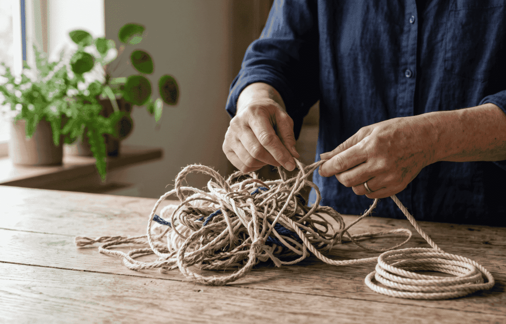 Mains démêlant un enchevêtrement de cordes, symbole du rachat de crédit pour sortir du fichage FICP