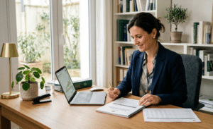 Une femme souriante, professionnelle libérale, analyse sereinement des documents dans un bureau lumineux pour optimiser ses finances, illustrant le rachat de crédit pour profession libérale.