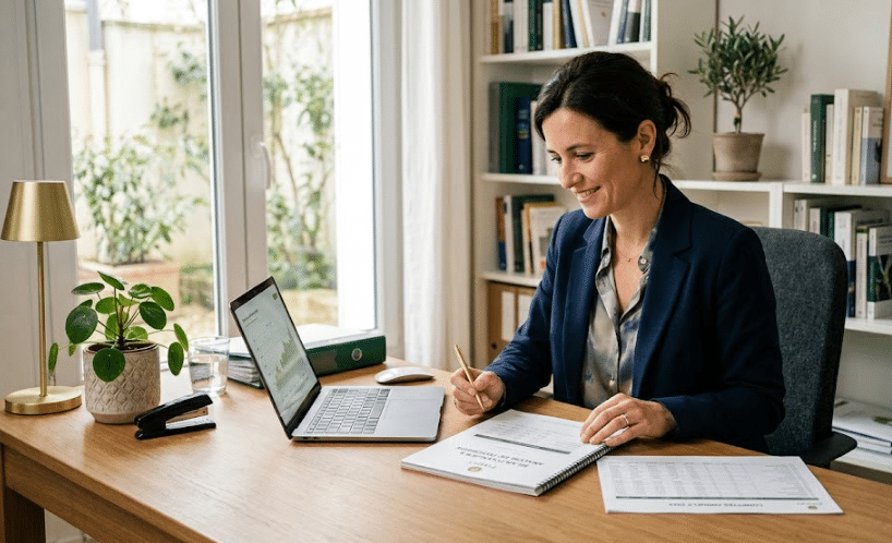 Une femme souriante, professionnelle libérale, analyse sereinement des documents dans un bureau lumineux pour optimiser ses finances, illustrant le rachat de crédit pour profession libérale.