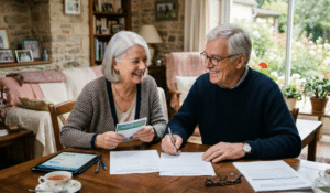 couple de seniors dans un cadre domestique chaleureux. Ils apparaissent rassurés et détendus en traitant des documents officiels, ce qui est une approche standard pour illustrer la sérénité apportée par un contrat d'assurance.