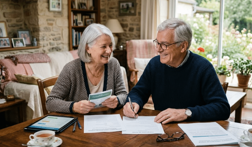 couple de seniors dans un cadre domestique chaleureux. Ils apparaissent rassurés et détendus en traitant des documents officiels, ce qui est une approche standard pour illustrer la sérénité apportée par un contrat d'assurance.