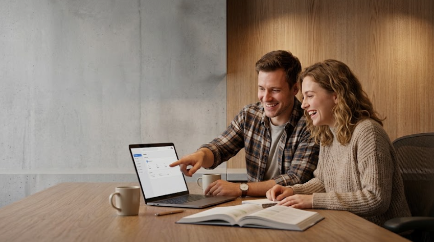 Un homme et une femme, couple souriant, assis dans leur bureau. Ils étudient une proposition de rachat de crédit suite à la hausse des taux variables.