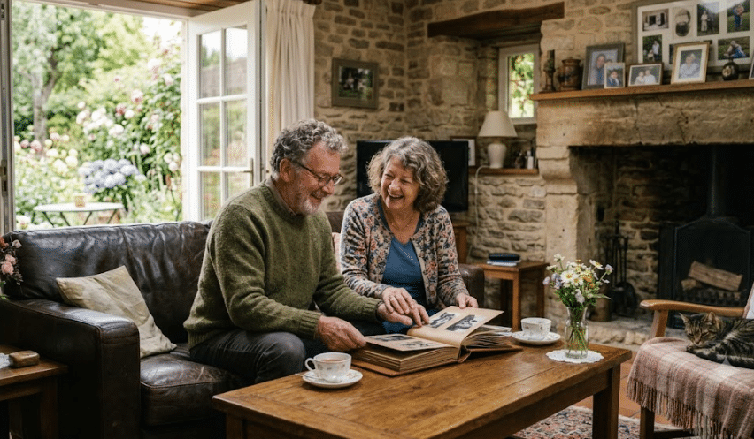 Un couple de seniors souriants partage un moment convivial autour d'un album photo dans leur salon, illustrant le plaisir de rester chez soi grâce au partage immobilier.