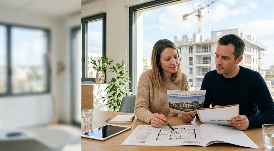 Une photographie montre un couple d'acheteurs en VEFA assis à une table en bois et consultant des documents immobiliers.