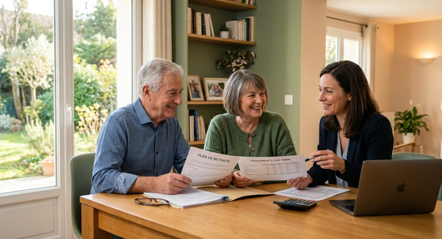 Couple de seniors souriants assis à une table lumineuse chez eux, étudiant des documents de financement avec un conseiller