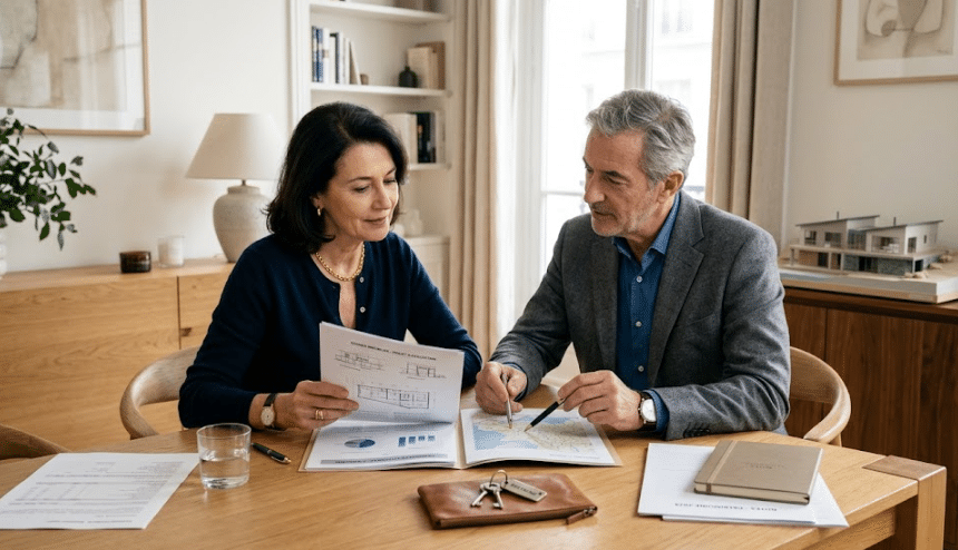 Une photographie d'un couple d'âge moyen, bien habillé, assis à une table en bois clair dans un intérieur lumineux et élégant, examinant ensemble des documents immobiliers. La femme, à gauche, porte un cardigan bleu marine et un collier doré, tenant une brochure avec des plans d'architecte et des graphiques. L'homme, à droite, en veste de costume grise et chemise bleue, pointe du doigt une carte sur la table tout en la regardant. Entre eux se trouve un dossier ouvert avec une carte, des clés sur une pochette en cuir et d'autres papiers avec des graphiques non lisibles. En arrière-plan, sur un meuble en bois, une maquette architecturale de maison moderne est visible sous une fenêtre. L'ambiance est sérieuse et sereine.