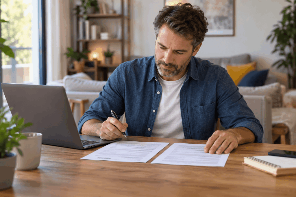 Homme comparant deux offres d'assurance emprunteur dans le cadre de la restructuration de ses crédits