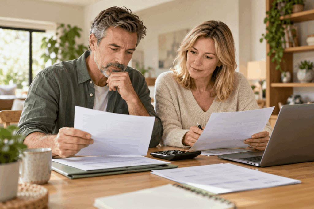 Couple comparant deux dossiers de crédit avec une calculatrice et un ordinateur