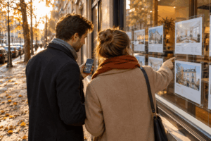 ouple regardant des annonces immobilières en vitrine pour estimer leur financement malgré la hausse des taux