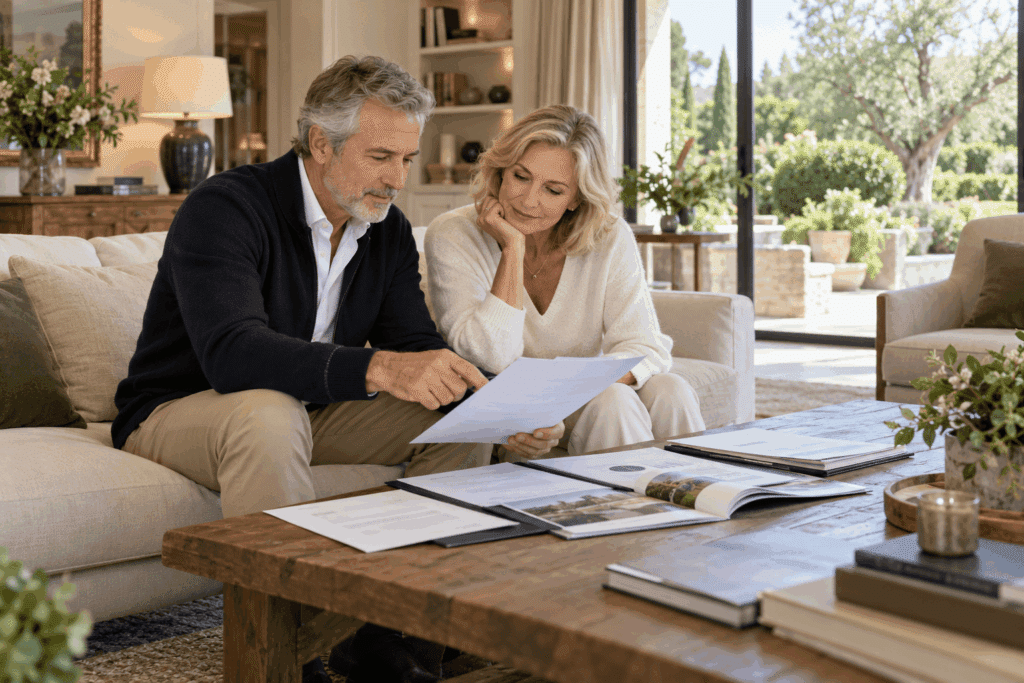 Couple de propriétaires consultant un dossier patrimonial dans le salon de leur maison