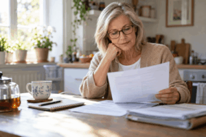 Femme relisant le relevé de son contrat d'assurance-vie avant de choisir entre rachat et nantissement
