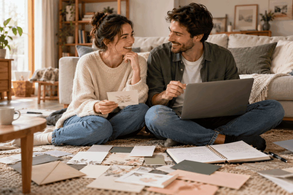 Jeune couple préparant le budget de son mariage et réfléchissant à la manière de le financer