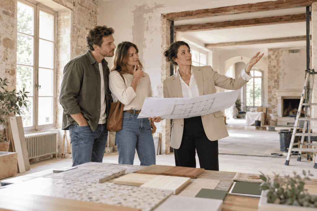 Couple accompagné d’une architecte examinant les plans d’une maison à rénover